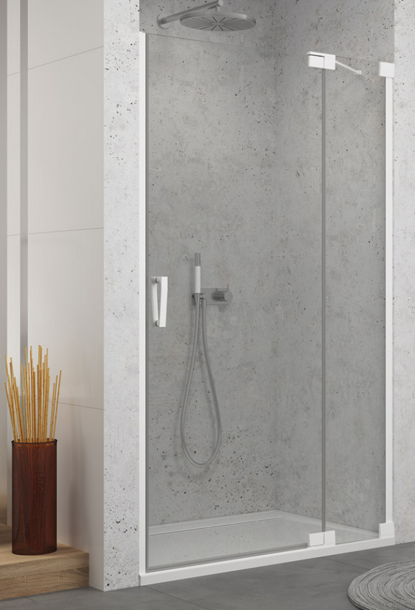 Sanswiss Cadura White Line CA13 drzwi wahadłowe jednoczęściowe z elementem stałym prawe 75 cm do wnęki lub ścianki biały mat przeźroczyste CA13D0750907