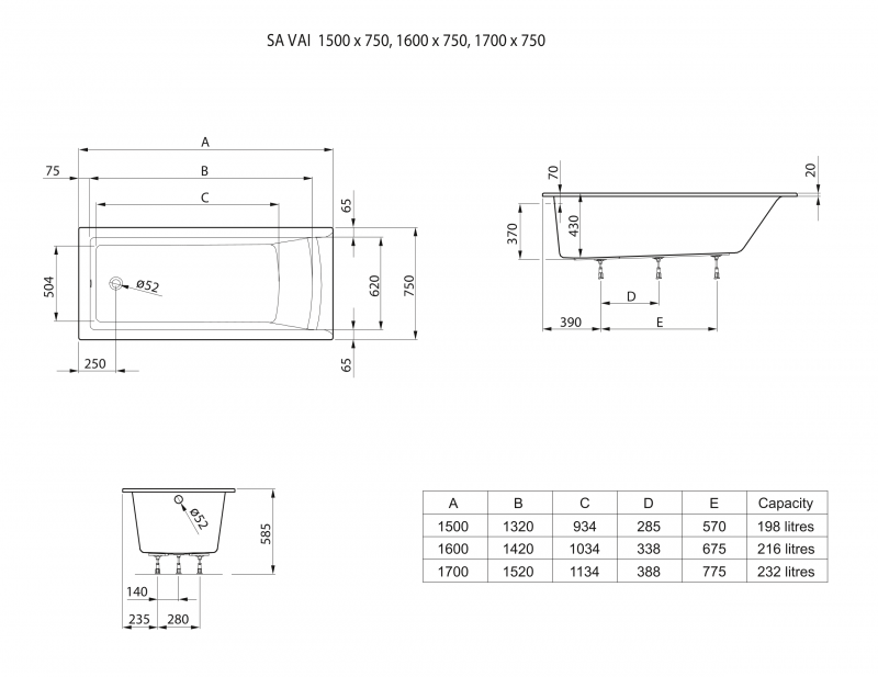 Roca Savai Slim Rim wanna prostokątna 170x75 z nogami A248589000