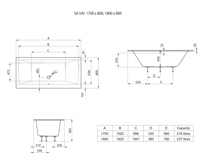 Roca Savai Slim Rim wanna prostokątna 170x80 z nogami A248590000