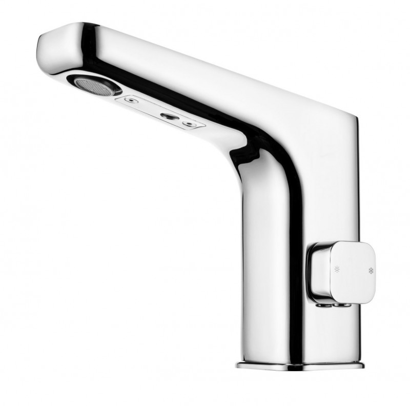 Deante Hiacynt bateria umywalkowa elektroniczna bezdotykowa z regulacją temperatury zasilana z sieci 230/6V chrom połysk BQH029V