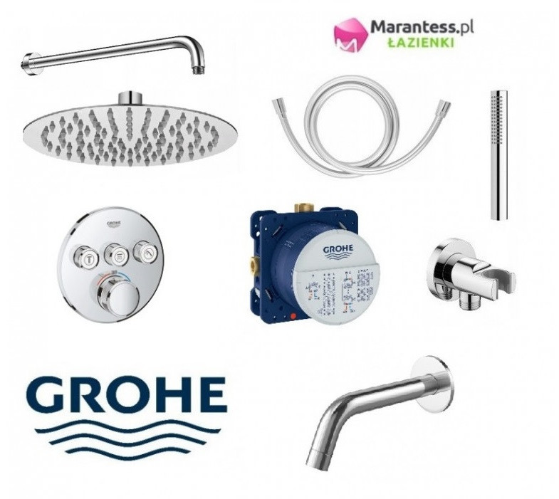 Grohe Grohtherm Smartcontrol zestaw podtynkowy termostatyczny z deszczownicą Hydroland 20x20 cm, słuchawką Micro RCR i wylewką wannową kompletny 29121000WAN07