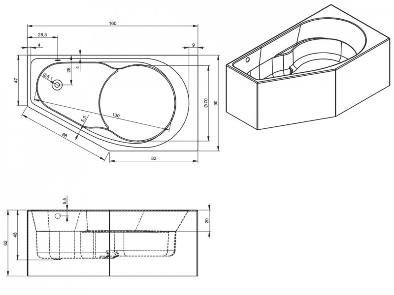 Riho Yukon Plug&Play wanna asymetryczna lewa 160x90 ze zintegrowaną obudową biały BD75005