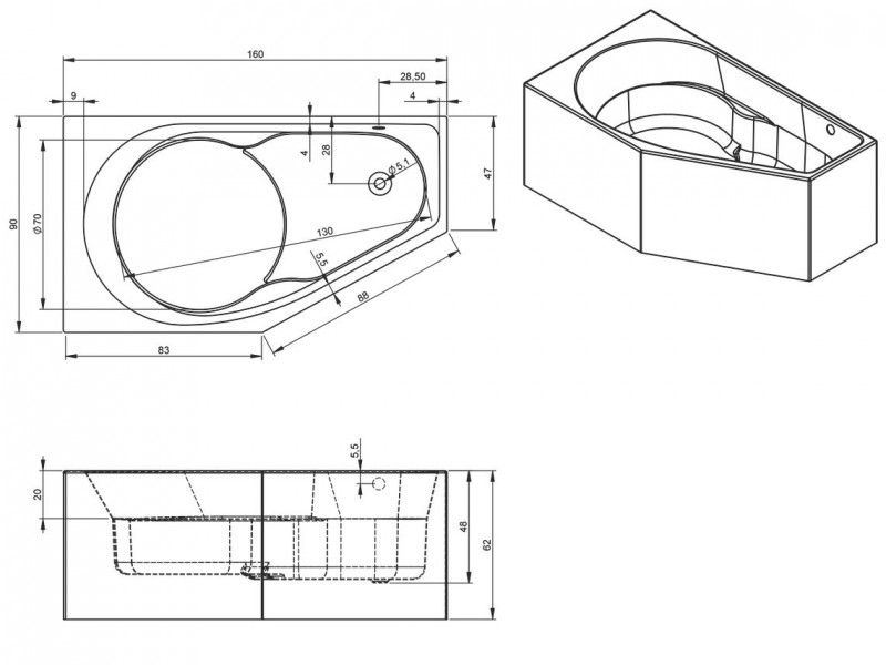 Riho Yukon Plug&Play wanna asymetryczna prawa 160x90 ze zintegrowaną obudową biały BD74005