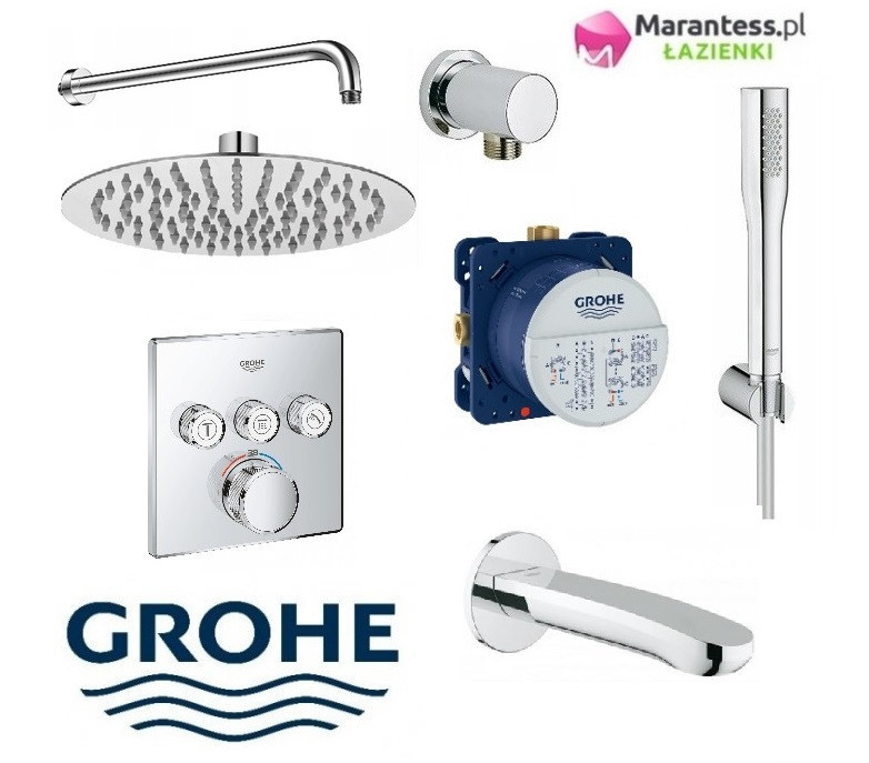Grohe Grohtherm Smartcontrol zestaw podtynkowy termostatyczny z deszczownicą Hydroland 25x25 cm , słuchawką Euphoria i wylewką wannową kompletny 29126000WAN05