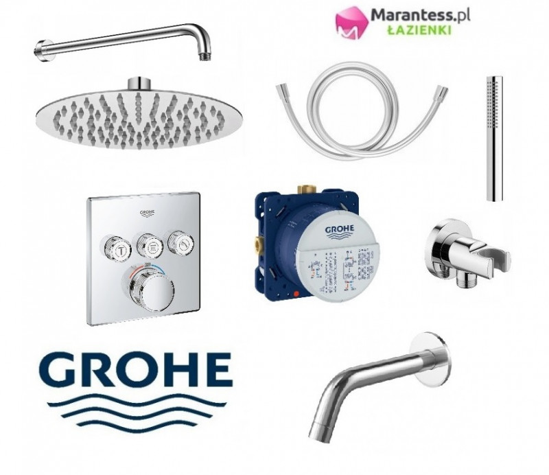 Grohe Grohtherm Smartcontrol zestaw podtynkowy termostatyczny z deszczownicą Hydroland 20x20 cm , słuchawką Micro RCR i wylewką wannową kompletny 29126000WAN07