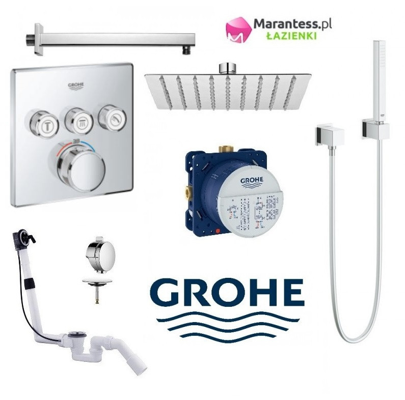 Grohe Grohtherm Smartcontrol zestaw podtynkowy termostatyczny z deszczownicą Hydroland 30x30 cm , słuchawką Euphoria Cube i  napełnianiem wanny Rotexa Multi kompletny 29126000WAN29