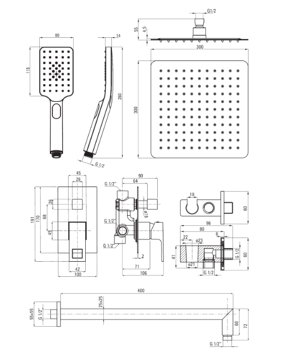 Deante Anemon zestaw prysznicowy podtynkowy z deszczownicą 30x30 czarny NACN9MP