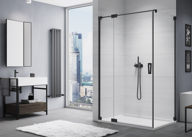 Sanswiss Cadura Black Line CA13 drzwi wahadłowe jednoczęściowe z elementem stałym lewe 90 cm do wnęki lub ścianki czarny mat przeźroczyste CA13G0900607