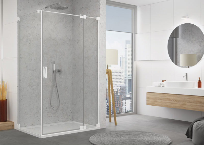 Sanswiss Cadura White Line CA13 drzwi wahadłowe jednoczęściowe z elementem stałym prawe 80 cm do wnęki lub ścianki biały mat przeźroczyste CA13D0800907