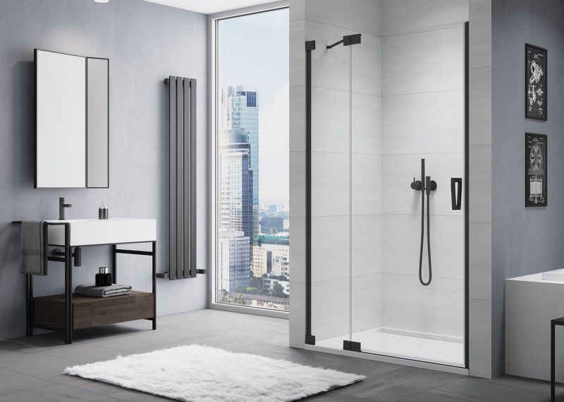 Sanswiss Cadura Black Line CA13 drzwi wahadłowe jednoczęściowe z elementem stałym lewe 120 cm do wnęki lub ścianki czarny mat przeźroczyste CA13G1200607