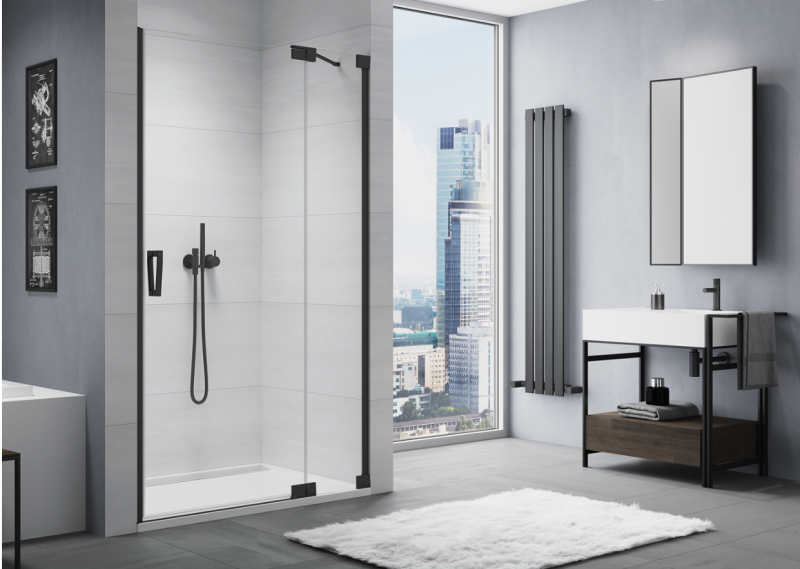 Sanswiss Cadura Black Line CA13 drzwi wahadłowe jednoczęściowe z elementem stałym prawe 120 cm do wnęki lub ścianki czarny mat przeźroczyste CA13D1200607