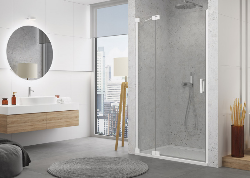 Sanswiss Cadura White Line CA13 drzwi wahadłowe jednoczęściowe z elementem stałym lewe 140 cm do wnęki lub ścianki biały mat przeźroczyste CA13G1400907