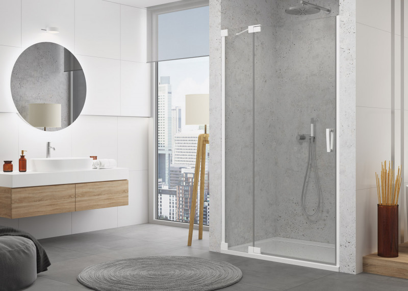 Sanswiss Cadura White Line CA13 drzwi wahadłowe jednoczęściowe z elementem stałym lewe 90 cm do wnęki lub ścianki biały mat przeźroczyste CA13G0900907