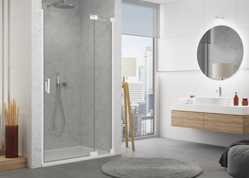 Sanswiss Cadura White Line CA13 drzwi wahadłowe jednoczęściowe z elementem stałym prawe 80 cm do wnęki lub ścianki biały mat przeźroczyste CA13D0800907