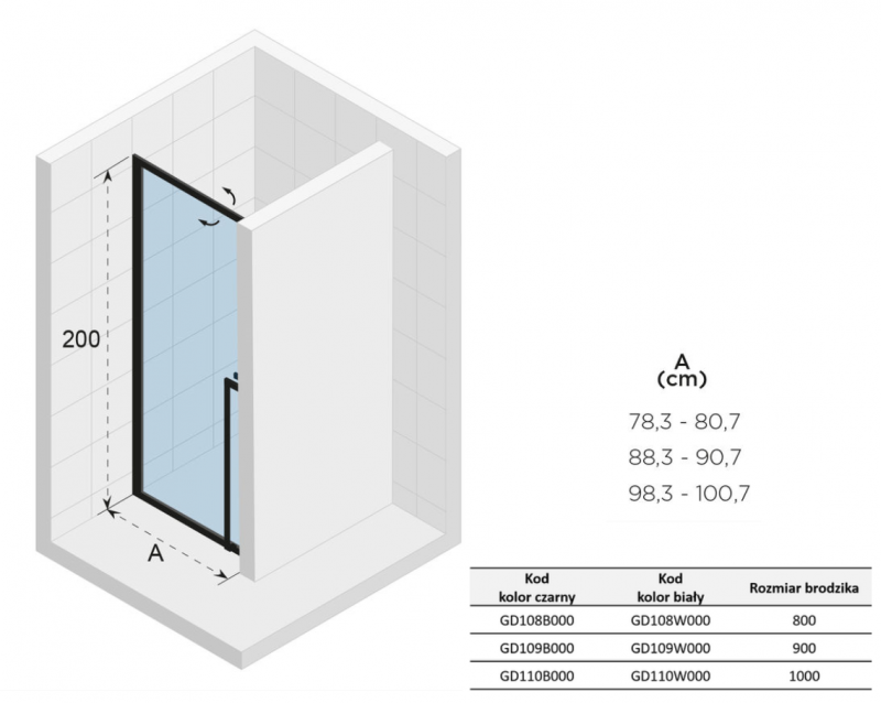 Riho Lucid GD101 drzwi do wneki wahadłowe 80 cm L/P czarny przeźroczyste GD108B000