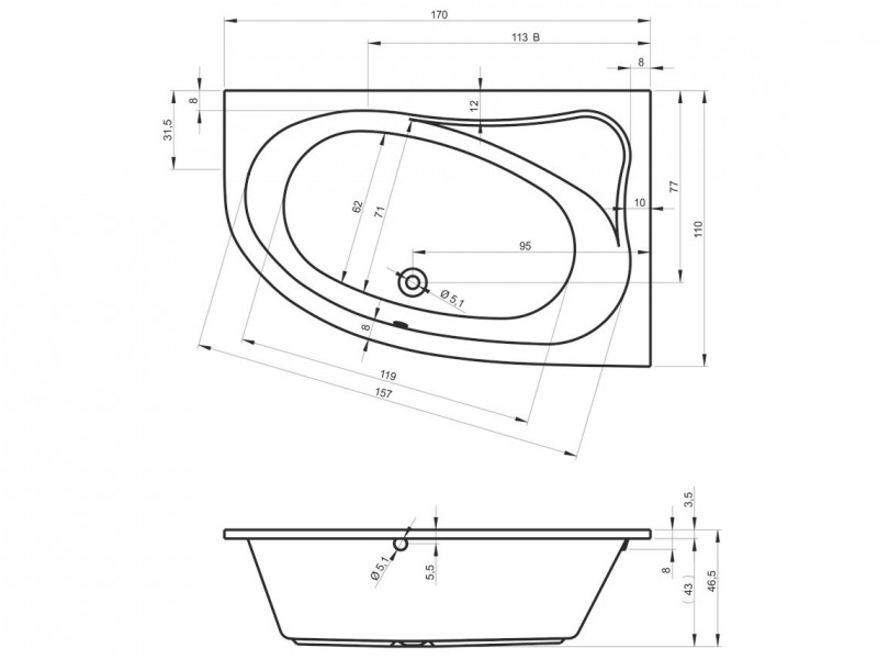 Riho Aryl wanna asymetrycza 170x110 lewa biały BA64