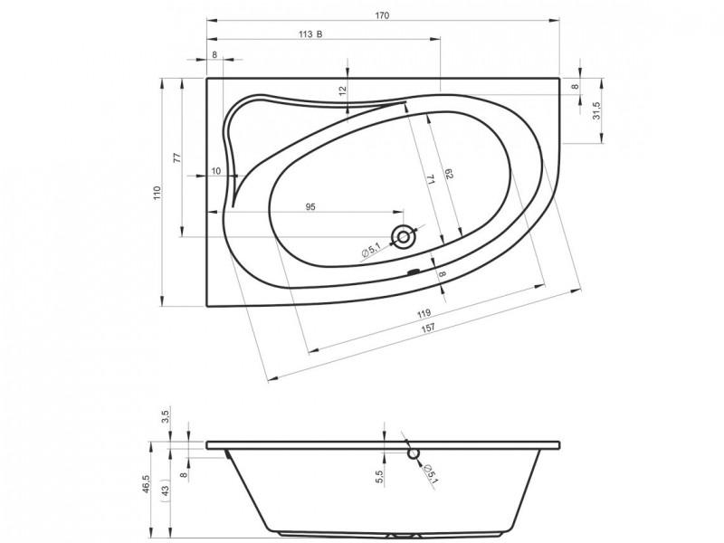 Riho Aryl wanna asymetrycza 170x110 prawa biały BA63