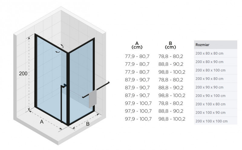 Riho Lucid GD201 kabina prostokątna 80x100 L/P drzwi wahadłowe 80 + ścianka 100 czarny przeźroczyste GD208B100