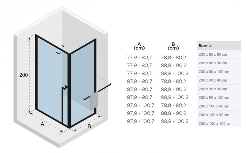 Riho Lucid GD201 kabina prostokątna 80x90 L/P drzwi wahadłowe 80 + ścianka 90 czarny przeźroczyste GD208B090