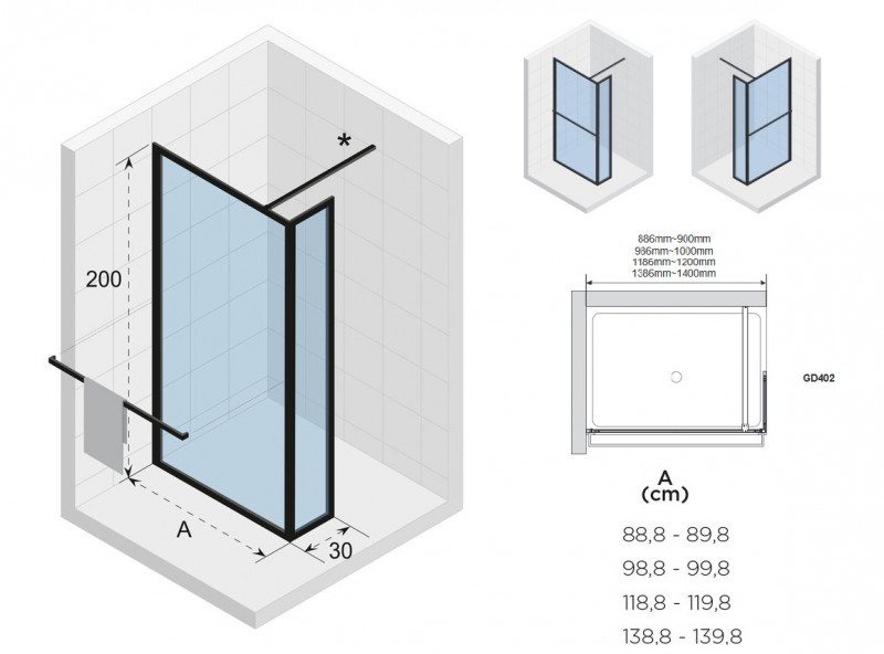 Riho Lucid GD402 kabina typu Walk-In z ścianką boczną 100 cm L/P profil czarny przeźroczyste GD410B030