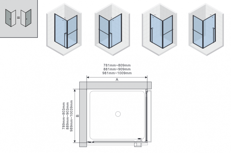 Riho Lucid GD201 kabina kwadratowa 80x80 L/P drzwi wahadłowe 80 + ścianka 80 czarny przeźroczyste GD208B080