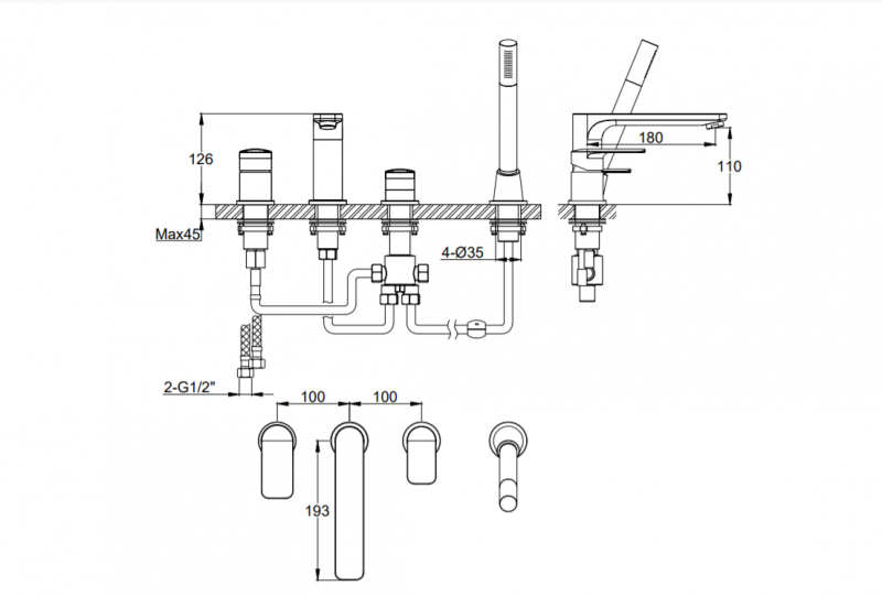 Kohlman Texen bateria wannowa 4-otworowa chrom QB244T