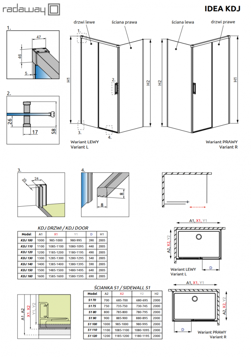 Radaway Idea Gold KDJ kabina prostokątna 100x110 drzwi przesuwne prawe 100 i ścianka 110 złoty przeźroczyste Easy Clean 387040-09-01R + 387053-09-01L