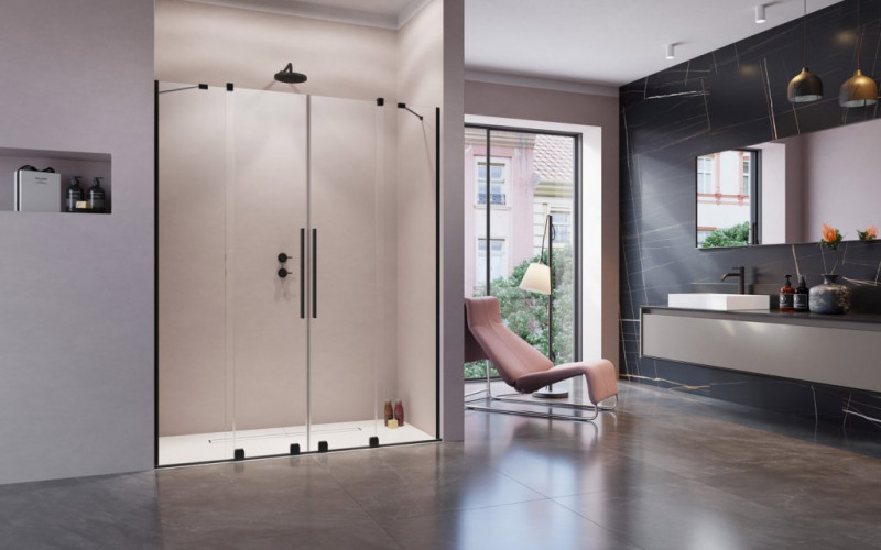 Radaway Furo Black DWD drzwi wnękowe dwuczęściowe przesuwne 200 cm czarny przeźroczyste Easy Clean 10108538-54-01 + 10111492-01-01