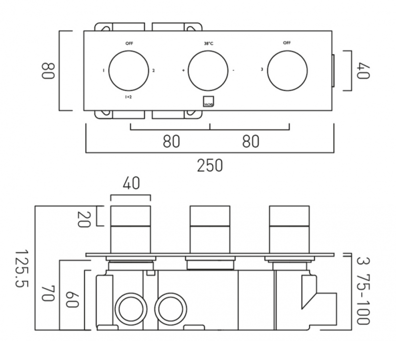 Vado Knurled Accents termostatyczna bateria podtynkowa 3-drożna nikiel szczotkowany IND-T128/3-H-BRNK