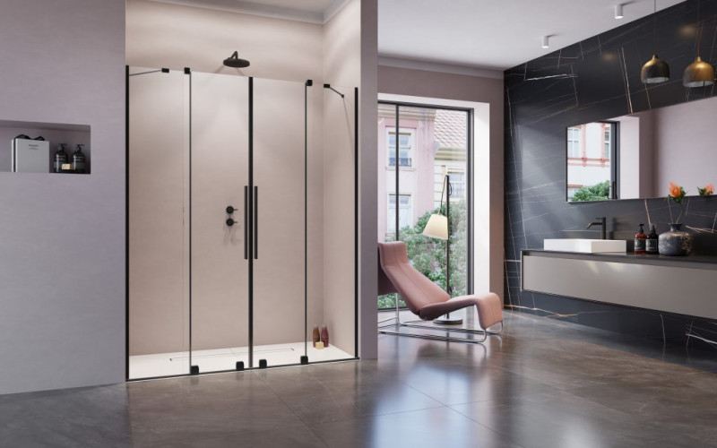 Radaway Furo Black DWD drzwi wnękowe dwuczęściowe przesuwne 150 cm czarny przeźroczyste Easy Clean 10108413-54-01 + 10111367-01-01