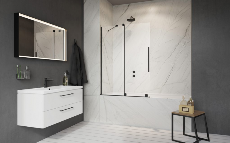 Radaway Furo Black PND II parawan wannowy przesuwny 140 cm lewy czarny przeźroczyste Easy Clean 10109738-54-01L + 10112694-01-01