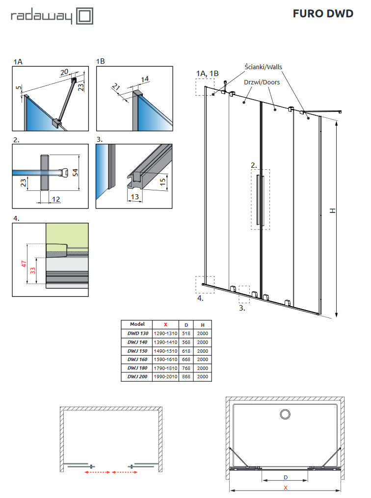Radaway Furo DWD drzwi wnękowe dwuczęściowe przesuwne 140 cm chrom przeźroczyste Easy Clean 10108388-01-01 + 10111342-01-01