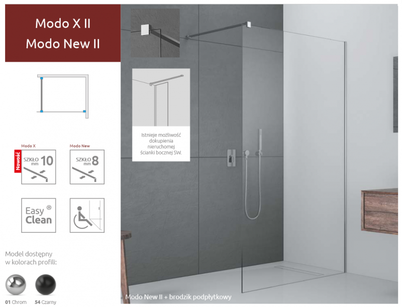 Radaway Modo X II na miarę kabina typu Walk-In na wymiar od 100 do 160 cm max. wys.200 cm chrom przeźroczyste Easy Clean 389407-01-01