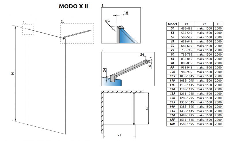 Radaway Modo X Black II na miarę kabina typu Walk-In na wymiar od 30 do 100 cm max. wys.250 cm czarny przeźroczyste Easy Clean 389404-54-01