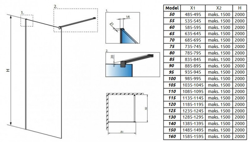 Radaway Modo New Black Frame II kabina typu Walk-In 150 cm profil czarny przeźroczyste Easy Clean 389154-54-56