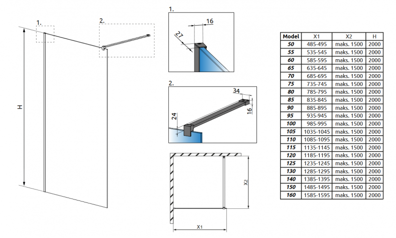 Radaway Modo X Black II Frame kabina typu Walk-In 65 cm czarny przeźroczysty Easy Clean 389265-54-56