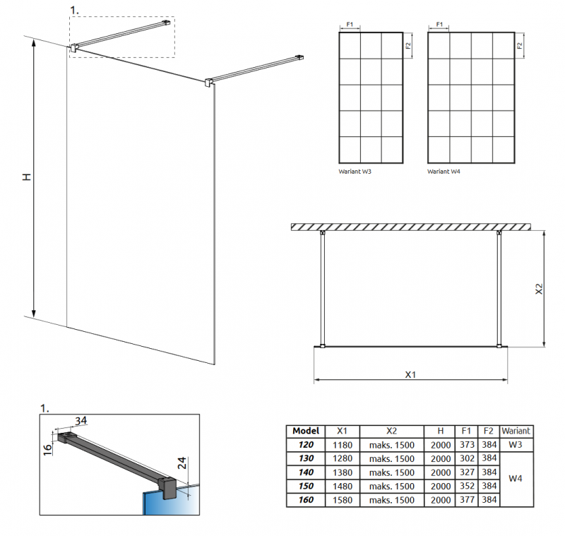 Radaway Modo X Black I Factory ścianka wolnostojąca kabina typu Walk-In 120 cm czarna kratownica, szkło 10 mm Easy Clean 388324-54-57