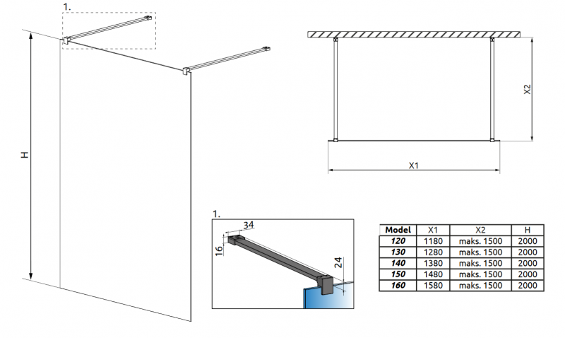 Radaway Modo X Black I Frame ścianka wolnostojąca kabina typu Walk-In 120 cm czarna rama, szkło 10 mm przeźroczyste Easy Clean 388324-54-58