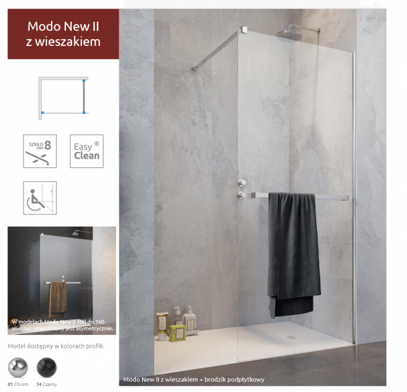 Radaway Modo New II kabina typu Walk-In 150 cm z wieszakiem chrom przeźroczyste Easy Clean 389154-01-01W