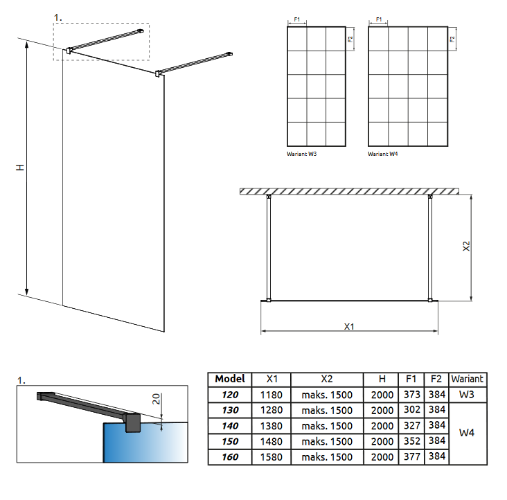 Radaway Modo New Black I Factory kabina typu Walk-In 160 cm czarny krata Easy Clean 388164-54-57