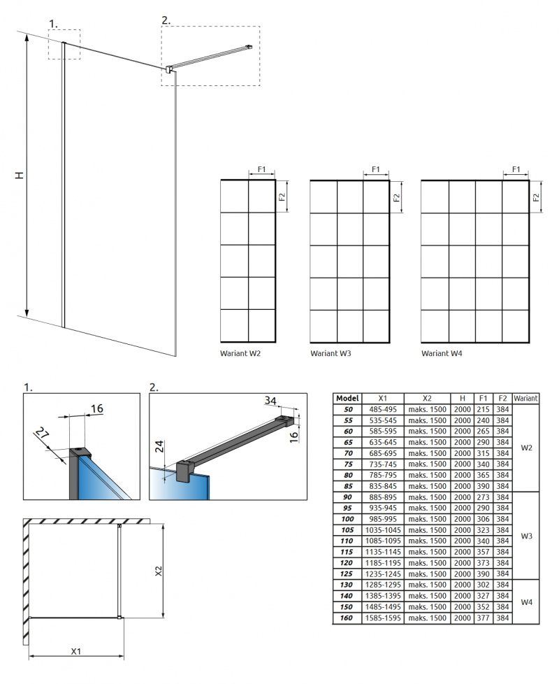 Radaway Modo X Black II Factory kabina typu Walk-In 140 cm czarny krata Easy Clean 389344-54-55