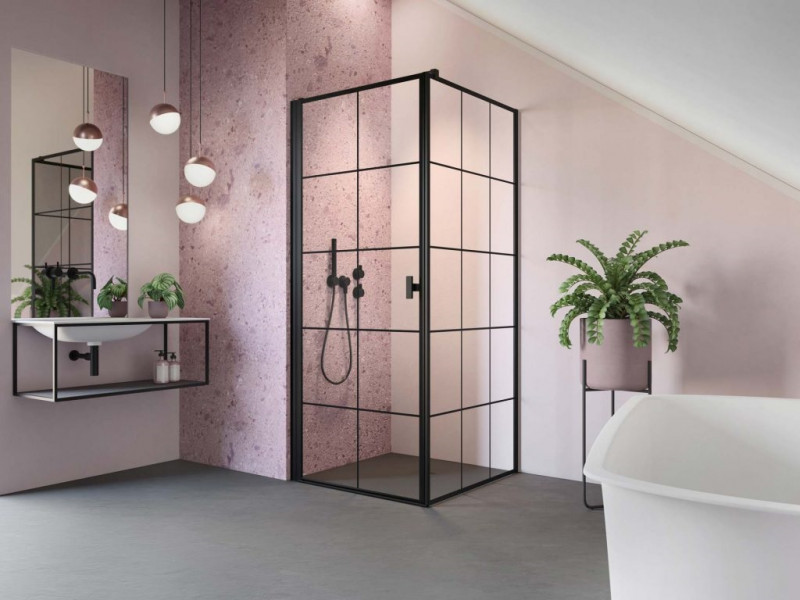 Radaway Nes 8 Black KDJ Factory kabina kwadratowa 100x100 drzwi wahadłowe LEWE 100 i ścianka 100 czarny krata przeźroczyste Easy Clean 10072100-54-55L + 10089100-54-55