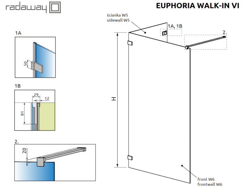 Radaway Euphoria VI kabina typu Walk-In 140x90 chrom przeźroczyste Easy Clean 383176-01-01 + 383151-01-01
