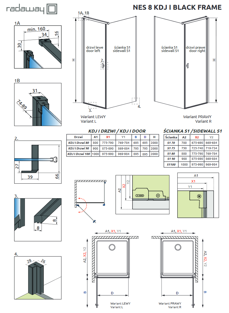 Radaway Nes 8 Black KDJ Frame kabina prostokątna 100x75 drzwi wahadłowe LEWE 100 i ścianka 75 czarny przeźroczyste Easy Clean 10072100-54-56L + 10089075-54-56