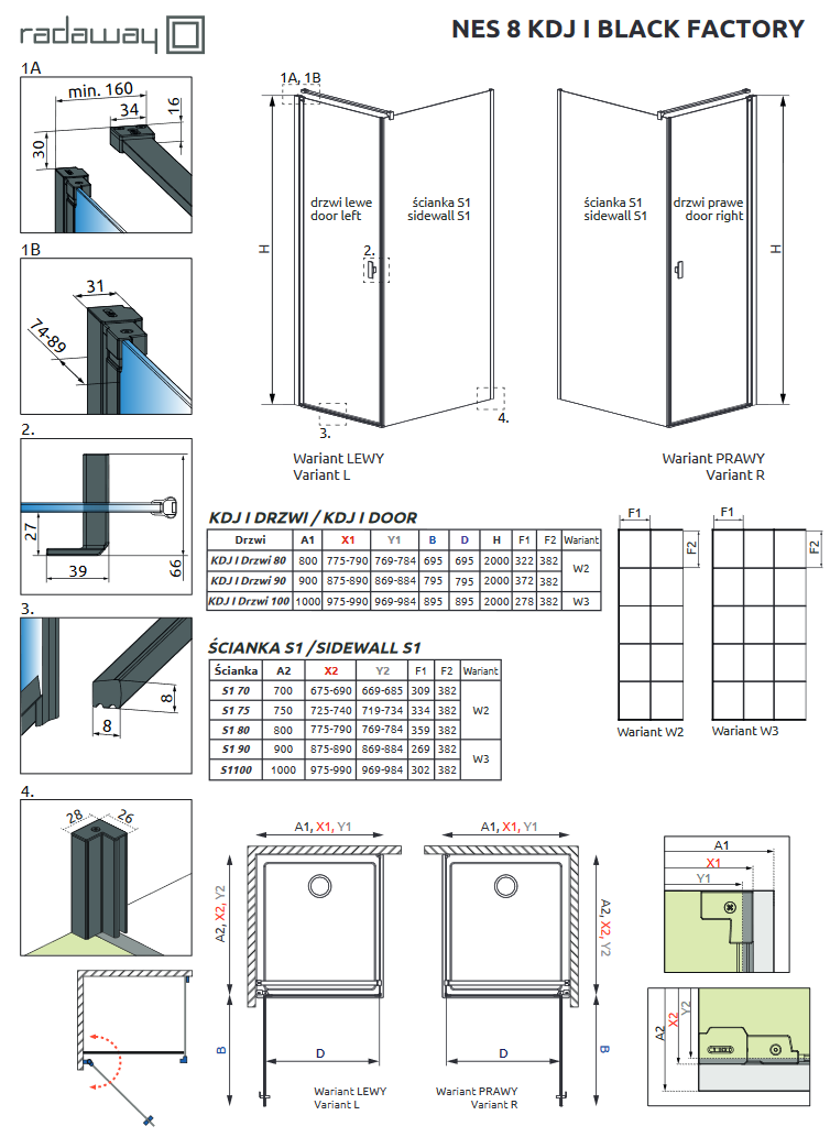 Radaway Nes 8 Black KDJ Factory kabina kwadratowa 90x90 drzwi wahadłowe PRAWE 90 i ścianka 90 czarny krata przeźroczyste Easy Clean 10072090-54-55R + 10089090-54-55