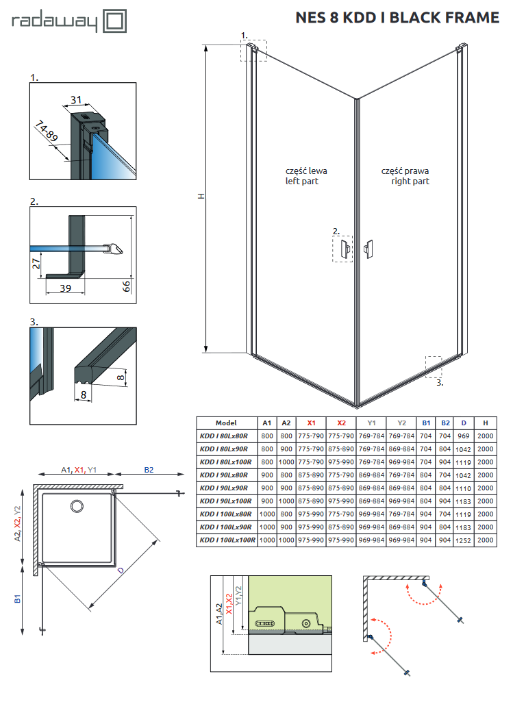 Radaway Nes 8 Black KDD Frame kabina prostokątna 90Lx100R drzwi wahadłowe czarny przeźroczyste Easy Clean 10071090-54-56L + 10071100-54-56R