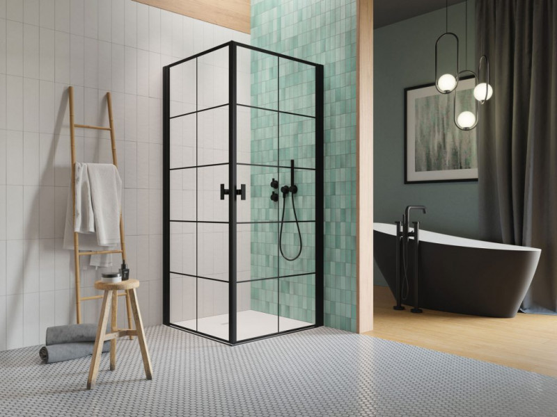 Radaway Nes 8 Black KDD Factory kabina prostokątna 80Lx90R drzwi wahadłowe czarny krata przeźroczyste Easy Clean 10071080-54-55L + 10071090-54-55R