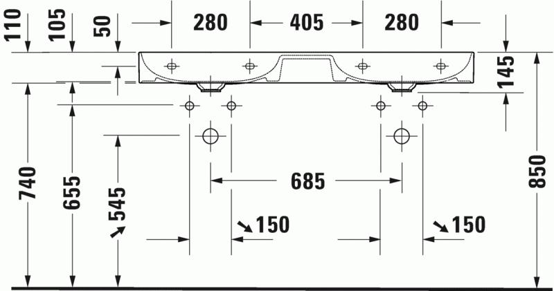 Duravit DuraSquare umywalka meblowa podwójna bez przelewu bez otworów na baterię 120 cm biała 2353120070