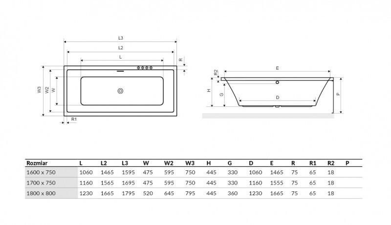 Excellent Heaven Slim wanna prostokątna 170x75 z syfonem czarny mat i nogami WAEX.HEV17WHS + ARIN.FLOW.BL