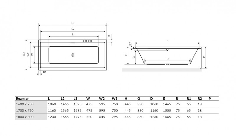 Excellent Heaven Slim wanna prostokątna 160x75 z syfonem chrom połysk i nogami WAEX.HEV16WHS + ARIN.FLOW.CR